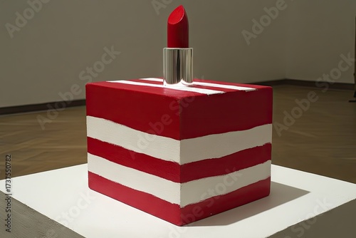 Lipstick atop red/white striped box art piece