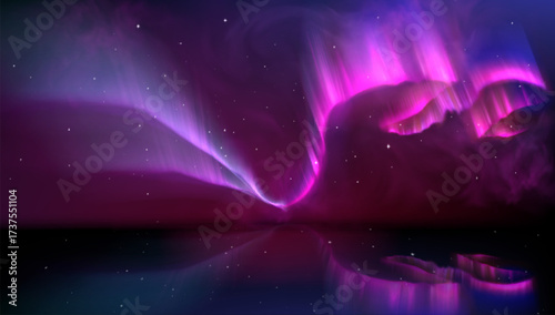 Vibrant aurora borealis northern light effect with purple and pink waves on starry sky for arctic display. Flowing celestial curtains with luminous gradients and stars for nature or space bg design.