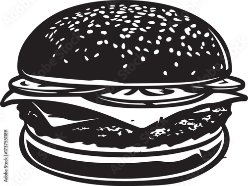 Black and white illustration of a hamburger isolated on white background