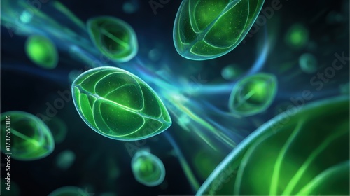 Vibrant Green Cell Surrounded by Lush Natural Environment Featuring Intricate Details of Microbial Life and Cellular Structure in Close Up Viewpoint