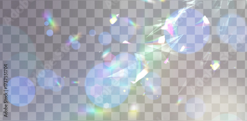 Flare lens prism overlay with rainbow light effect and transparent background for design. Iridescent bokeh circles with crystal refraction patterns. Holographic optical elements for photo editing.