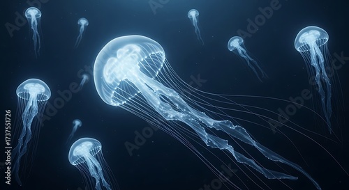 Graceful jellyfish swarm bioluminescent aquatic life deep sea ocean exploration underwater beauty