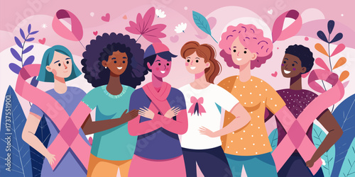Empowered Women Group with Breast Cancer Awareness Pink Ribbon Illustration