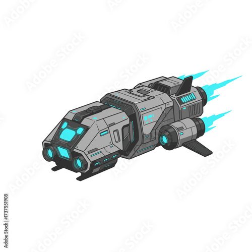 Futuristic spaceship blasting through space with glowing blue engines