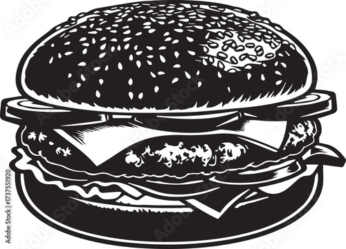 Black and white illustration of a hamburger isolated on white background