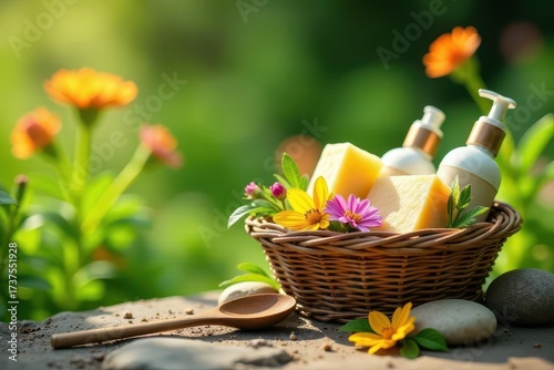 Aromatic Bath Products in a Rustic Basket, Adorned with Vibrant Blossoms, Set Against a Lush Green Background