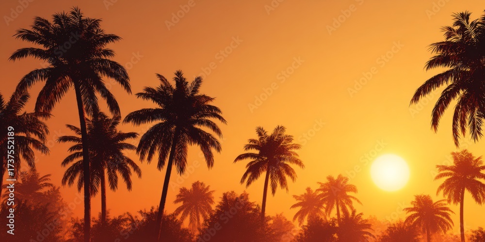 Fototapeta premium Tropical Sunset Background with Palm Trees and Vibrant Orange Colors for Relaxation and Vacation Themes