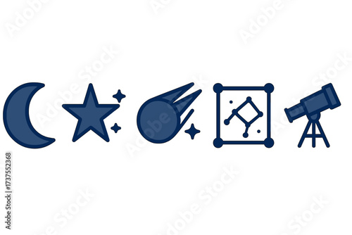 Celestial objects and astronomy tools: moon, stars, comet, constellation, and telescope
