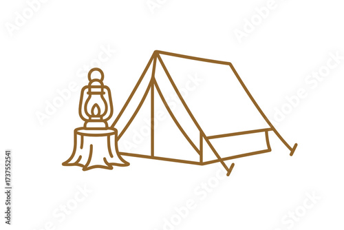 Outdoor camping scene with a tent and lantern placed next to a stump in a serene forest setting at dusk