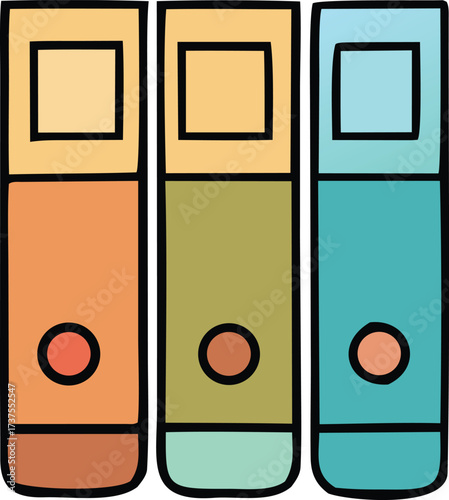 Three colorful standing books with distinct spines and title blocks ready for shelving or study