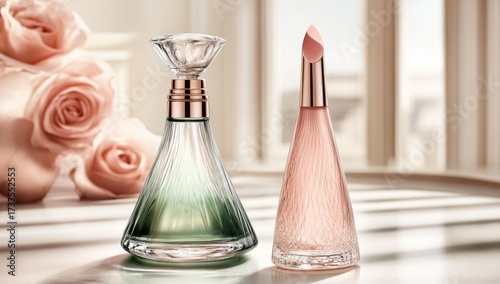 Two elegantly shaped bottles with floral background
