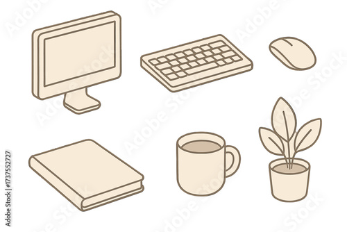Office workspace with computer, keyboard, mouse, coffee cup, book, and plant arranged neatly on a simple design background