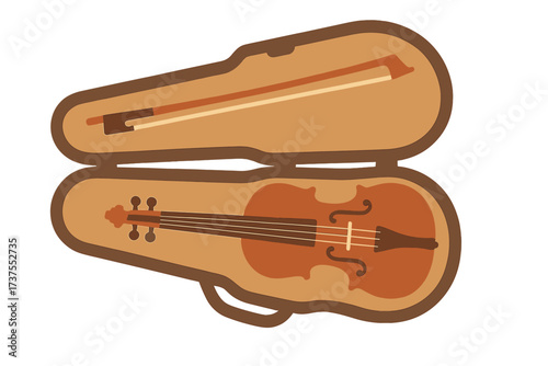 Violin and bow inside a case with a wooden design for musicians and students learning music