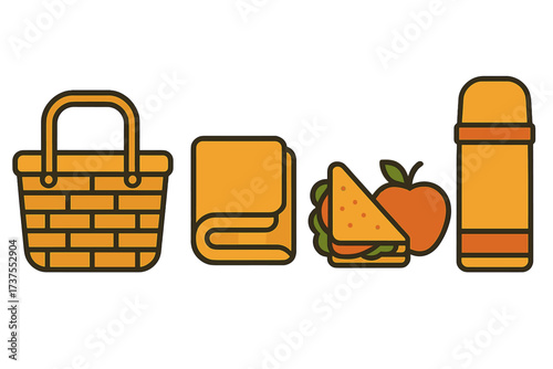 Picnic essentials with basket, blanket, sandwich, apple, and thermos for outdoor dining