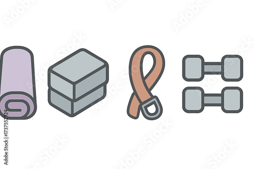 Fitness equipment laid out for a home workout session, including a mat, weights, resistance band, and blocks