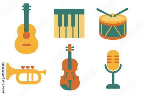 Set of diverse musical instruments including guitar, keyboard, drum, trumpet, violin, and microphone