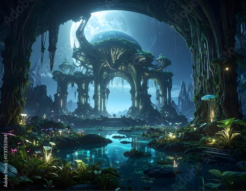 Mystical lush alien forest with glowing plants and floating islands under a bright blue sky viewed through ancient stone archways