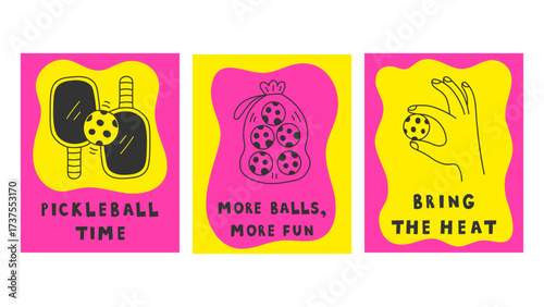 Pickleball Poster with Phrase Set. Minimalist hand drawn sports game banners with ball paddle and text. Playful activity card collection in sketch style. Vector illustration