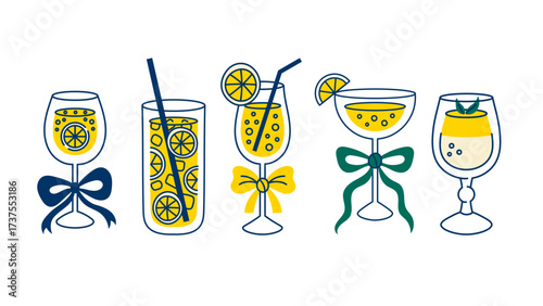 Lemon Cocktail Set. Hand drawn Drink glasses collection with yellow fizzy beverage, lemonade, limoncello, bubbles, straw, bow, slice, ice cubes. Vector illustration in doodle style.