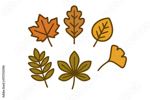 Collection of various autumn leaves in warm fall colors with simple outlines