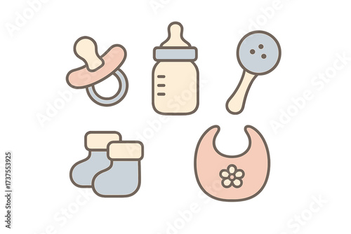 Baby essentials including pacifier, bottle, rattle, socks, and bib for new parents in a nursery setting