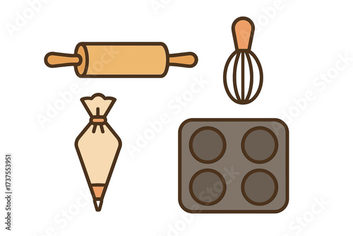 Essential kitchen tools for baking and pastry preparation including a rolling pin and whisk