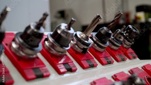Close-up of a row of highly specialized CNC machine tool holders and drill bits in a tool rack, conveying precision manufacturing and modern industrial equipment