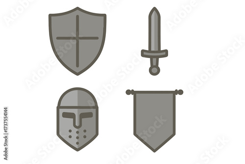 Classic knightly shield, sword, helmet, and banner elements for medieval themes
