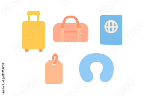 Travel essentials collection featuring luggage, passport, tag, and neck pillow