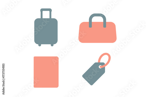 Collection of essential travel items including suitcase, duffel bag, and luggage tag