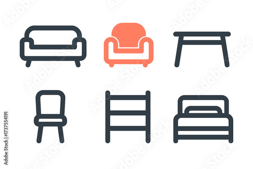 Modern minimalist home furniture icons set featuring sofa, armchair, table, chair, shelf, and bed