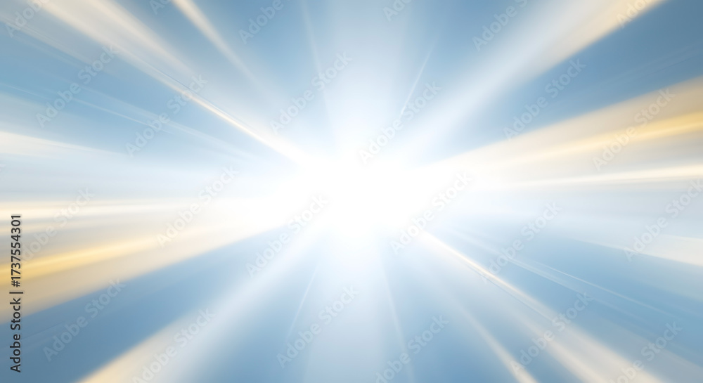 Fototapeta premium Bright abstract composition with radiant light rays emerging from the center, blended in pastel blue, white, and soft gold, representing clarity, hope, and positive mindset