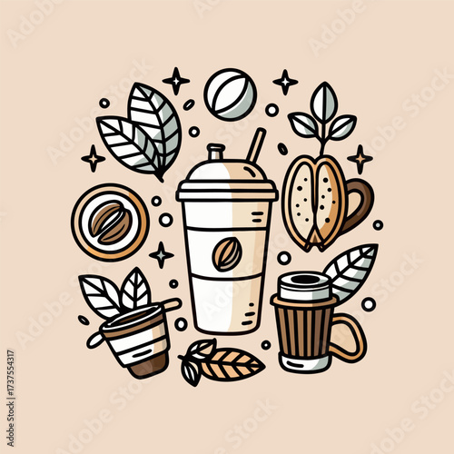 A hand-drawn coffee cup surrounded by coffee beans and leaves, vintage doodle style, simple line art on a beige background