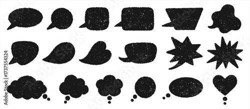Textured grungy hand drawn speech bubbles silhouettes set. Rough uneven rugged edge. Talking, speaking, screaming, thinking, dreaming cartoon cloud heart grunge shapes text box backround collection.
