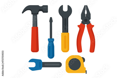 Tools arranged on a white background showcasing basics for home repair and DIY tasks