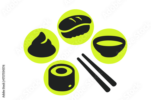 Sushi and condiments displayed with chopsticks in a vibrant design featuring bold colors