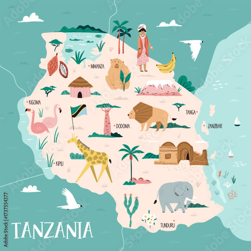 Travel Map of Tanzania with Zanzibar, Wildlife, Landmarks, and Nature Symbols. Vector Illustrated Poster, Design.
