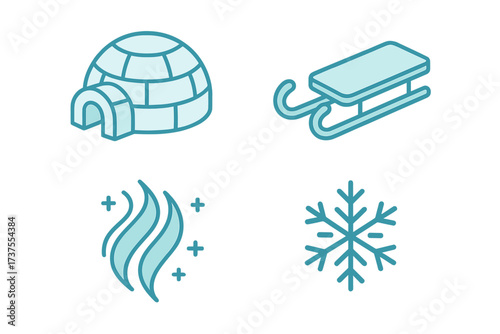 Winter-themed illustrations featuring an igloo, sled, snowflake, and warm vapor patterns in cool colors