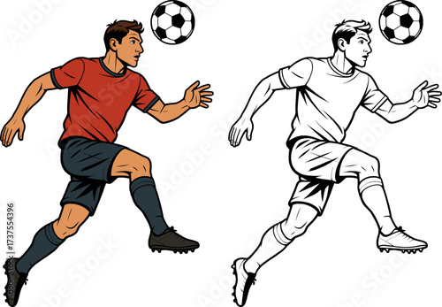 Dynamic vector of a soccer player in red black jersey jumping to head the ball colored and black and white outline style