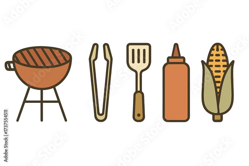 Barbecue grill with cooking tools and food items for outdoor summer party