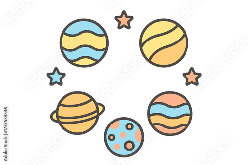 Colorful planets and stars orbiting in a whimsical outer space design