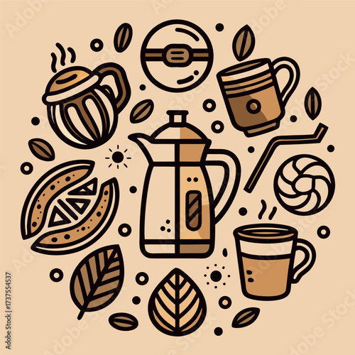A hand-drawn coffee cup surrounded by coffee beans and leaves, vintage doodle style, simple line art on a beige background