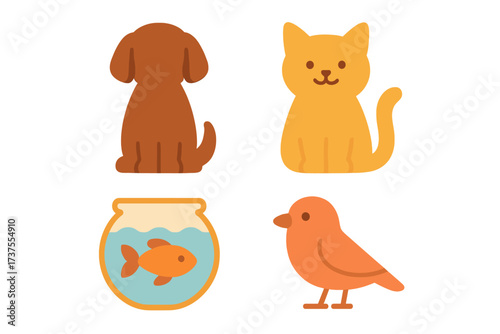 Collection of cute domestic pets and common household animals in a simple graphic style