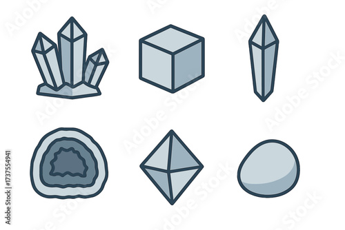 Set of diverse natural crystals, minerals, and raw gemstones with geometric shapes and geode