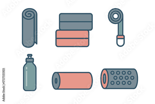 Collection of fitness and workout equipment including yoga mat, blocks, water bottle, and foam rollers