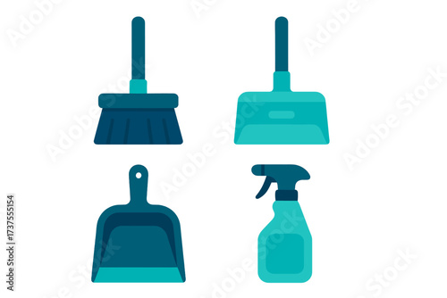 Cleaning tools ready for use in a household setting with dustpan, broom, and spray bottle on display