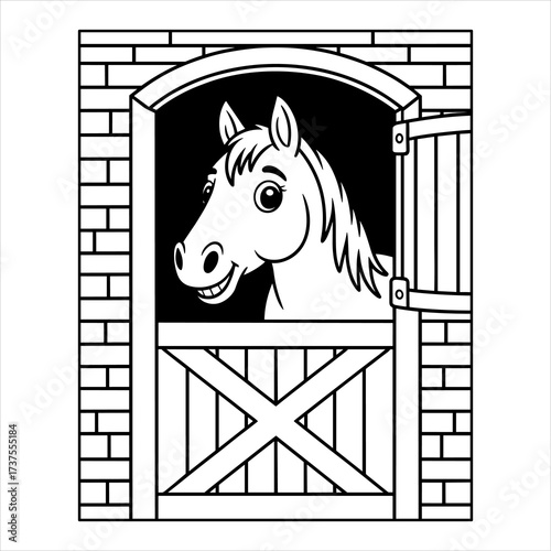 Cute Horse in Stable Coloring Page Vector Illustration, Farm Animal Horse Coloring Book Page for Kids, Cartoon Horse Barn Door Outline Drawing for Coloring.