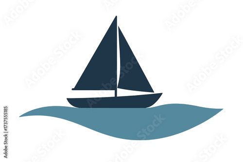 Minimalist sailboat navigating calm blue ocean waves under a clear sky
