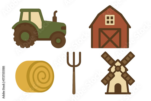 Agricultural tools and structures featuring a tractor, barn, hay bale, pitchfork, and windmill