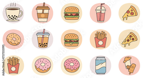 Collection of colorful cartoon fast food and drink icons.